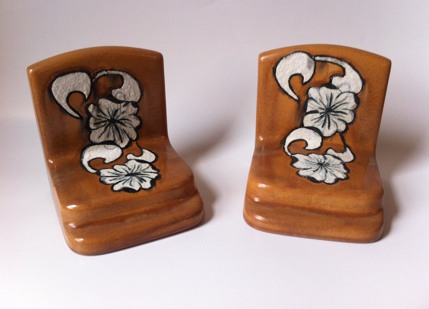 Vintage Ceramic Book Ends / Floral Book Ends / Brown Book Ends