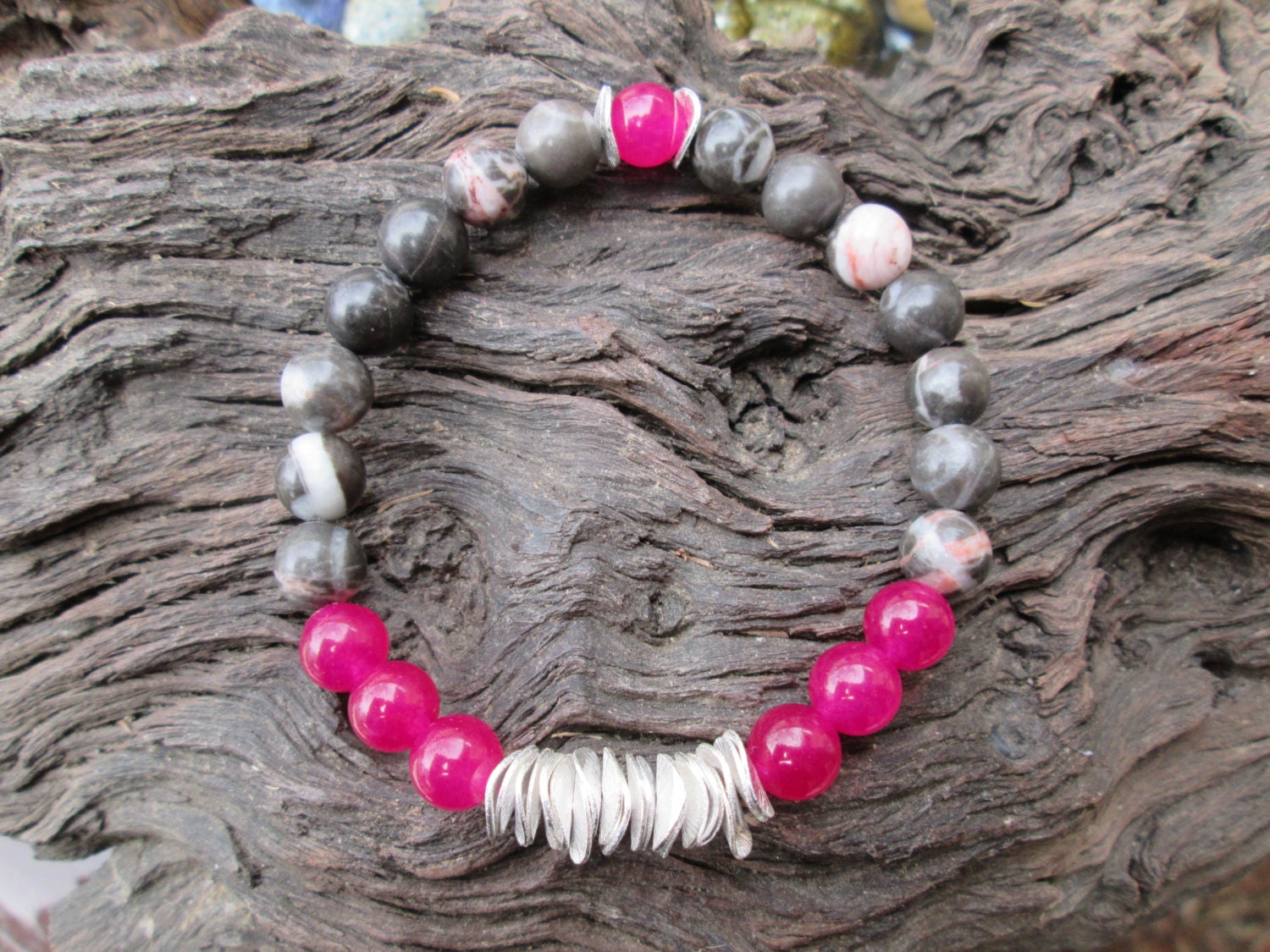 Healing Pink Ruby and Zebra jasper bracelet with brushed