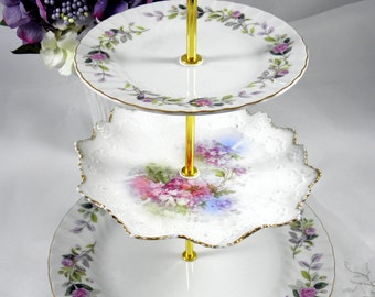 Cake stand 3 tier plate stand handmade from vintage china serving plates