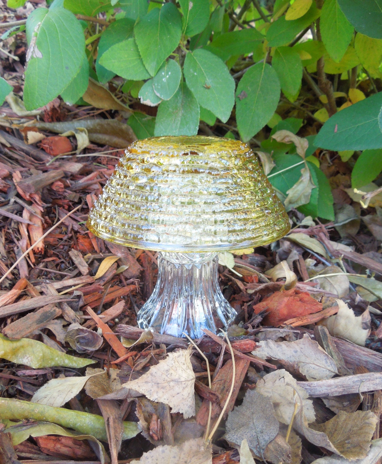 Repurposed Glass Mushroom Garden Decor. Unique Addition to