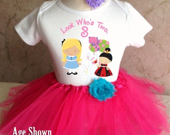 Fast Shipping - Birthday Alice in Wonderland Queen of Hearts Cat 3rd Third age Three 3 Shirt & Tutu Set Girl Outfit Party 2t 3t 4t