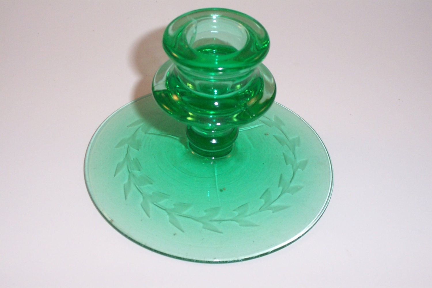 Candle Holder Green Depression Glass etched wheat pattern