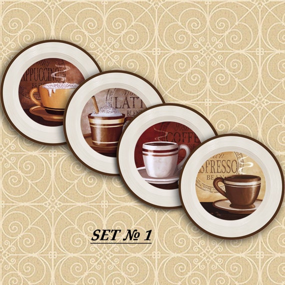 Coffee decor 4 plates set coffee kitchen decor by PaperPlateArt
