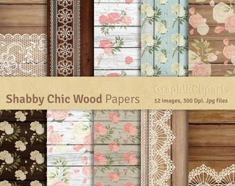 Shabby Chic Wood Digital Papers. "ROSES AND WOOD". Lace Digital Papers. Wedding, Cottage. 10 images, 300 Dpi. Jpg files. Instant Download.