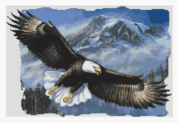 Soaring Bald Eagle Over The Mountains Counted Cross Stitch
