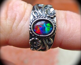 Unisex Vivid Fire Opal ring. Genuine Australian Black Opal.8x6mm
