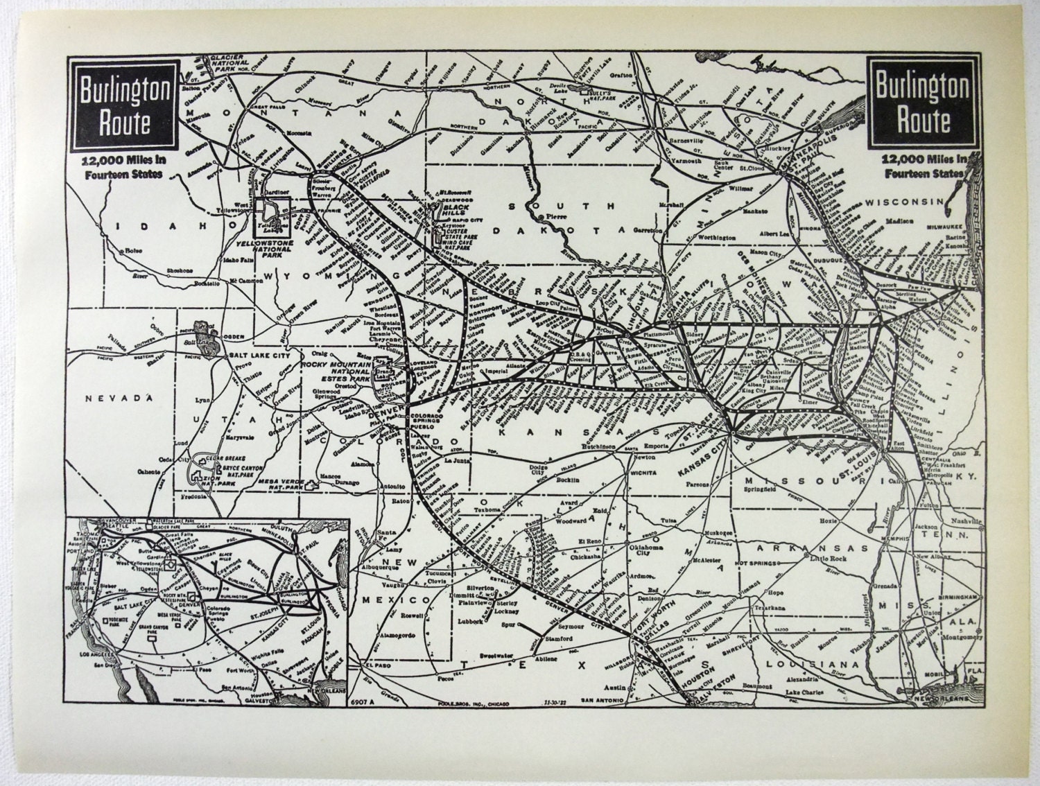 Original 1931 Dated Burlington Route Railroad System Map