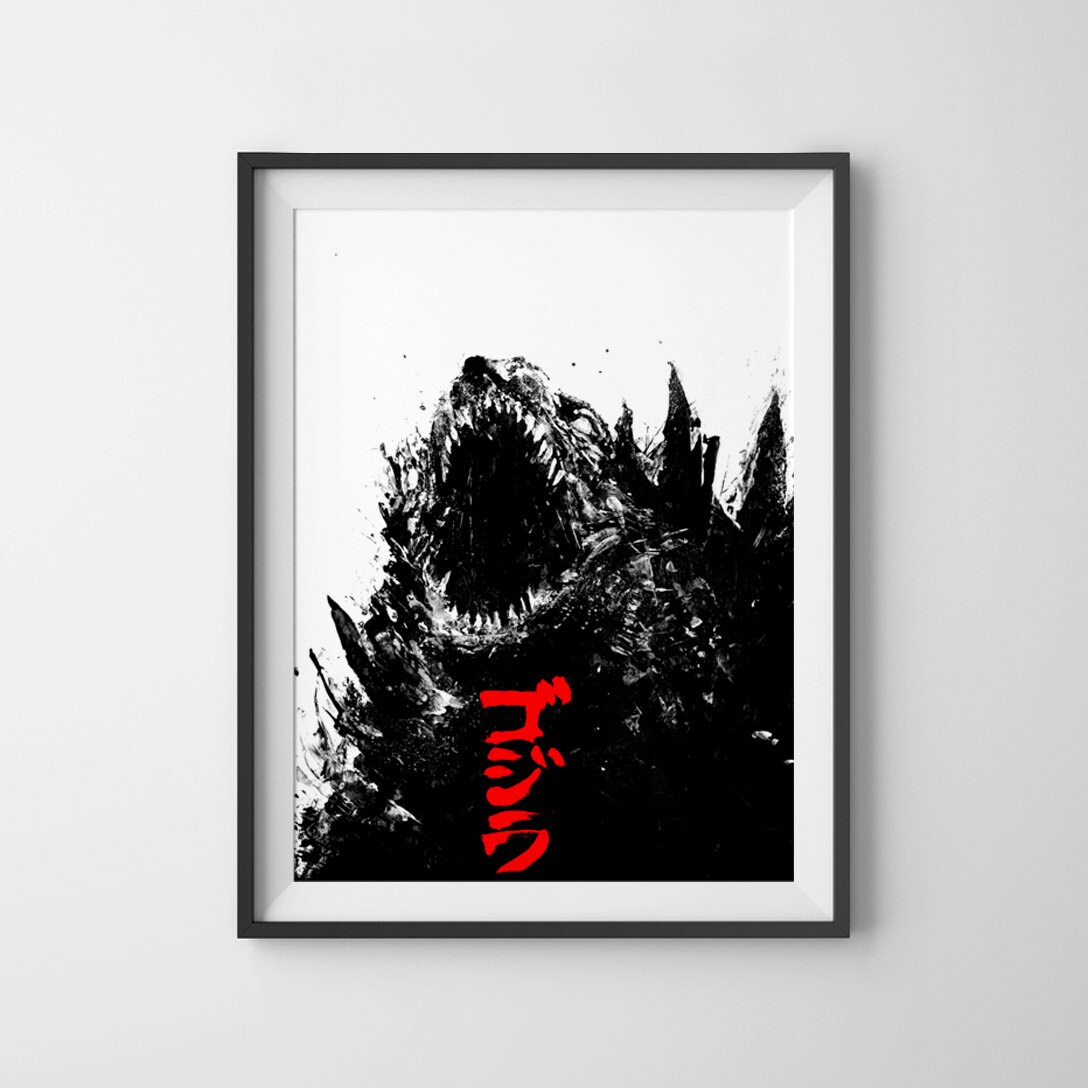 Godzilla poster acrylic painting art print black and white