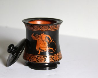 Ancient Greecian Clay Pot with Lid Painted Black with Ancient Middle East Design Jar Vintage, Unique Home Decor, Unique Vanity Jar