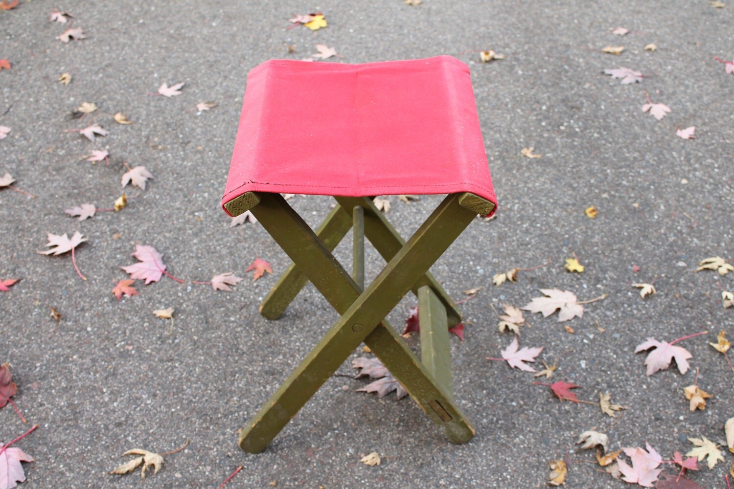 Vintage canvas stool camping chair red and green rustic wood folding chair Haute Juice