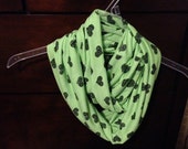 Infinity Scarf - Super Soft Jersey Fabric- Green with Hearts - Great Valentine's Gift! - Shipping Included!