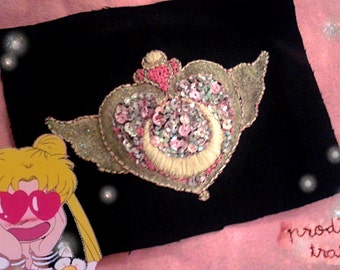 Made To Order Sailor Moon Crisis Moon Pink Sequin Glitter Gold Holographic Hand Embroidered Patch ONE OF A KIND