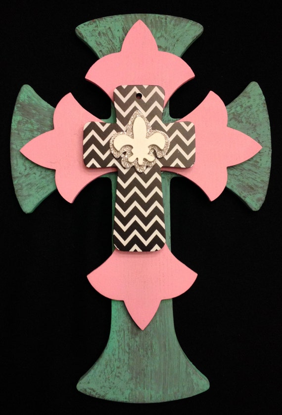 Small Wooden Wall Cross Pink & Turquoise by BrokenandBruised