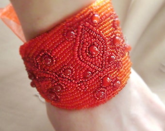Embroidered Cuff Bracelet Red wide bracelet . Red jewelry . Bracelet handmade beaded. Work from beads .