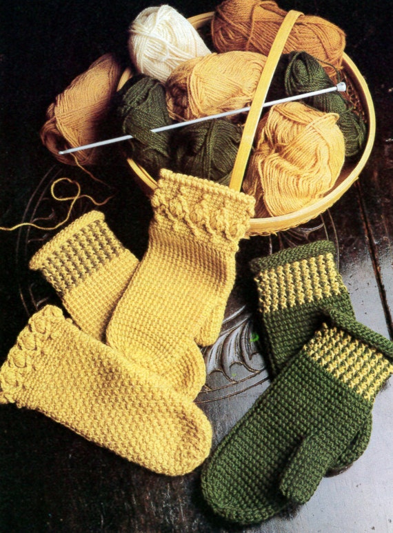 Pattern Only Vintage Tunisian Crochet Adult Mittens Three