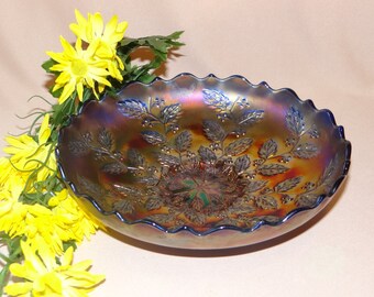 Carnival Glass Blue Fenton Holly Bowl 8" Vintage from the 1950's - Fabulous Find