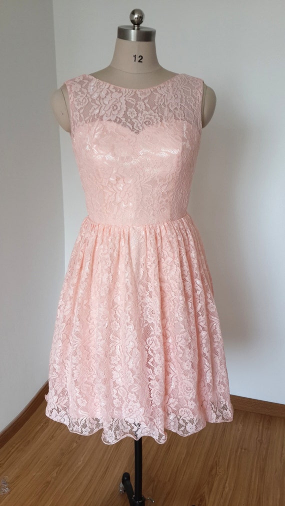 2015 V-back Pearl Pink Lace Short Bridesmaid Dress by DressCulture