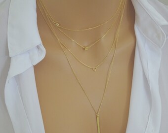 Layering Necklace set, 4 dainty necklaces, Triangle necklace, sideways CZ Diamond necklace, gold bar necklace, dot necklace in gold, silver
