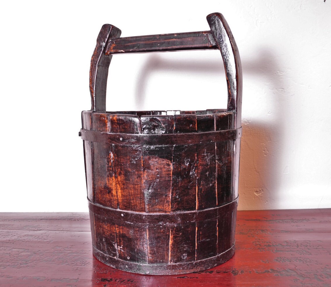 Distressed Antique Copper Banded Wood Bucket by StrangeImportsLLC