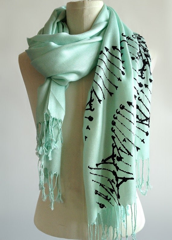 DNA scarf. DNA double helix silkscreened pashmina. Your choice of mint scarf & more. Science teacher, genetics, medical student gift.