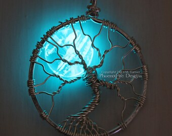 Glow in the Dark Jewelry Full Moon Tree of Life Pendant Glowing Necklace Blue Moon Wire Wrapped Jewelry Wire Wrap Tree Silver Black Gunmetal