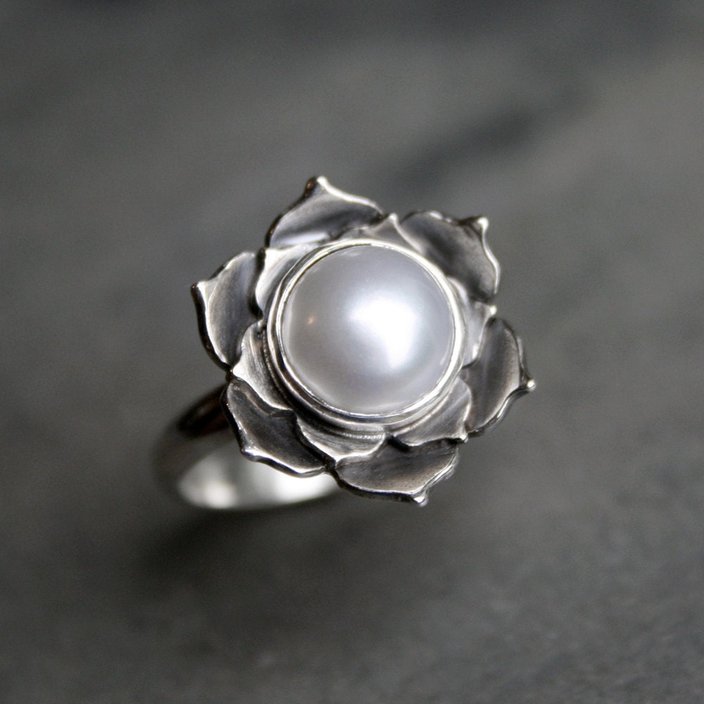 Pearl Lotus Ring Sterling Silver Statement Ring Luminous