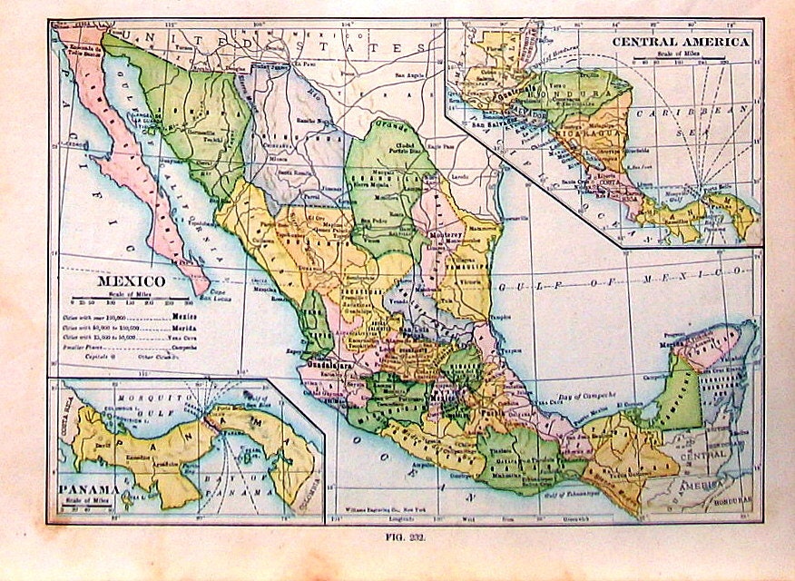 1912 Antique Colored Map Of The Mexico By Mysunshinevintage