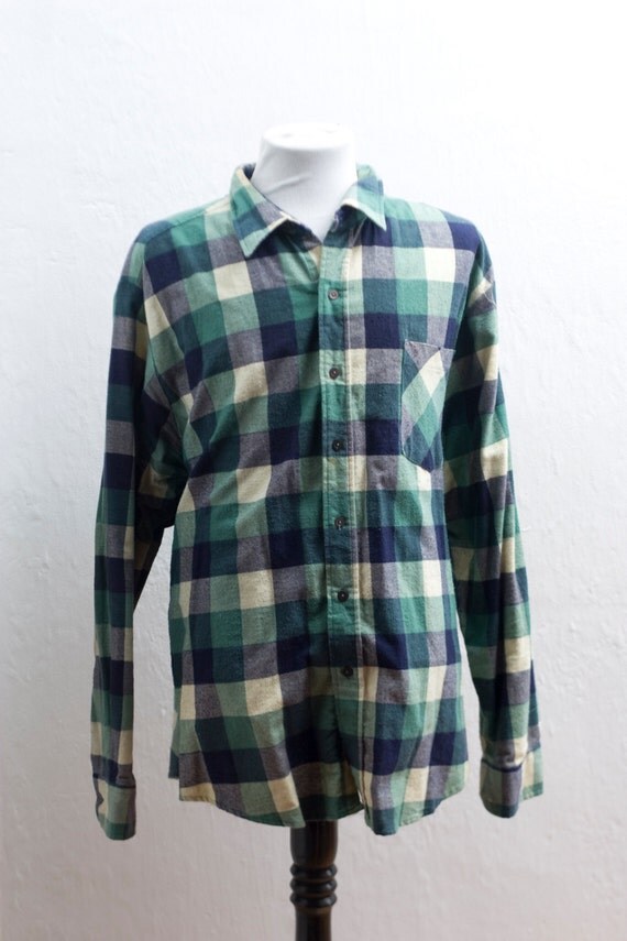 Men's Plaid Flannel Shirt / Vintage Green and Blue Size