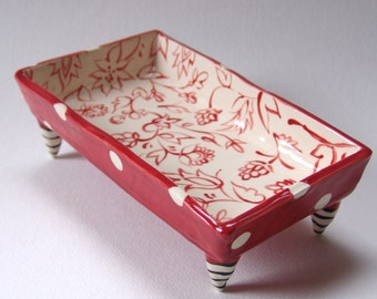 Floral pottery Dish :) red & white polka dots with beetlejuice striped legs
