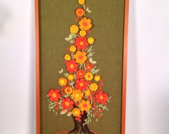 vintage crewel - extra large floral topiary tree framed crewel panel