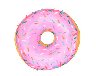 A Classic Pink Glazed with Sprinkles Donut Watercolor Illustration Print