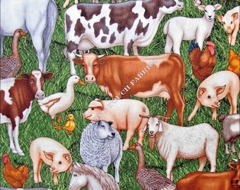 Country RJR Farm Animals Cows Pigs Horses Sheep Chickens Cotton Fabric 1/2 Yard 18" x 44"
