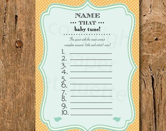 INSTANT UPLOAD Baby Shower Game "Name That Baby Tune" Shabby Chic (Gender Neutral) Turquoise, Name That Tune Baby Shower Game, Baby Shower