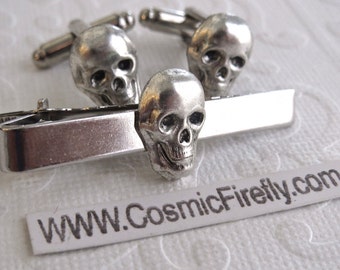Tiny Skull Cufflinks & Silver Skull Tie Clip Men's Cufflinks Gothic Victorian Steampunk Cufflinks Pirate Cufflinks Small Skulls Made In USA