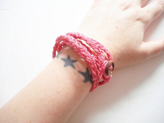 Braided Hemp Wrap Bracelet in Pink ready to ship. by luvbuzz