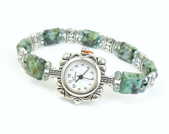Beaded Bracelet Watch - Petite African Turquoise Stretchy Bracelet Watch