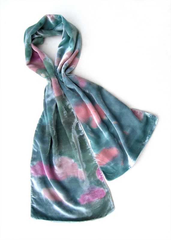 painting silk scarves for Silk Blue Silk scarf pink grey scarf Velvet painting clouds with Scarf