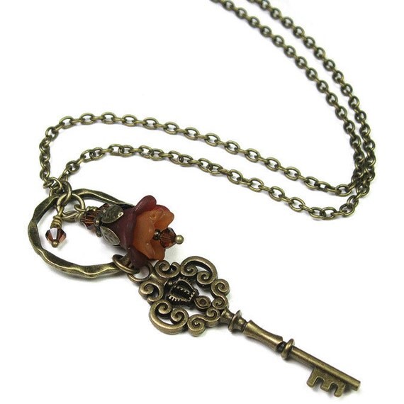 Key Necklace, Victorian Style Necklace, Vintage Style Skeleton Key Necklace, Romantic Jewelry, Tan, Brown, Swarovski Crystal, Antiqued Brass