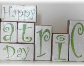 Happy St. Patrick's Day Blocks Wood Set Green And White With Glitter