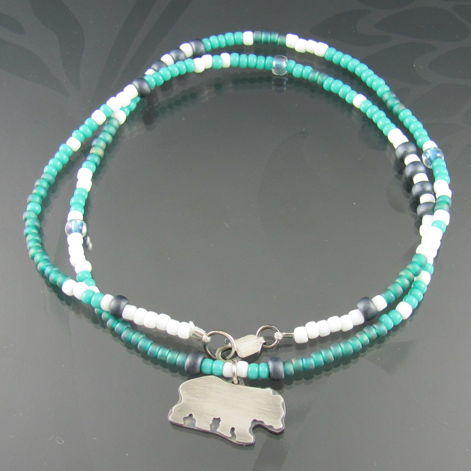 grizzly bear beaded necklace sterling silver necklace seed