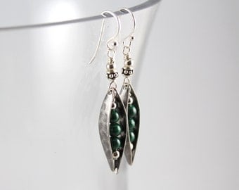 Botanical Earrings, Pea Pod, Malachite Earrings, Peas in a Pod, Pea Pod Earrings, Gift for Her, Earring Gift Wife, Nature Lover Earrings