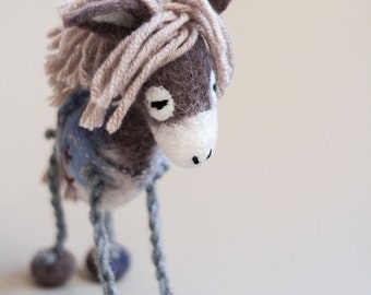 Felt Donkey - Chantal. Art Toy. Marionette Puppet Felted Stuffed plush soft toy Handmade nursery decor for kids. grey, pale pink, blue