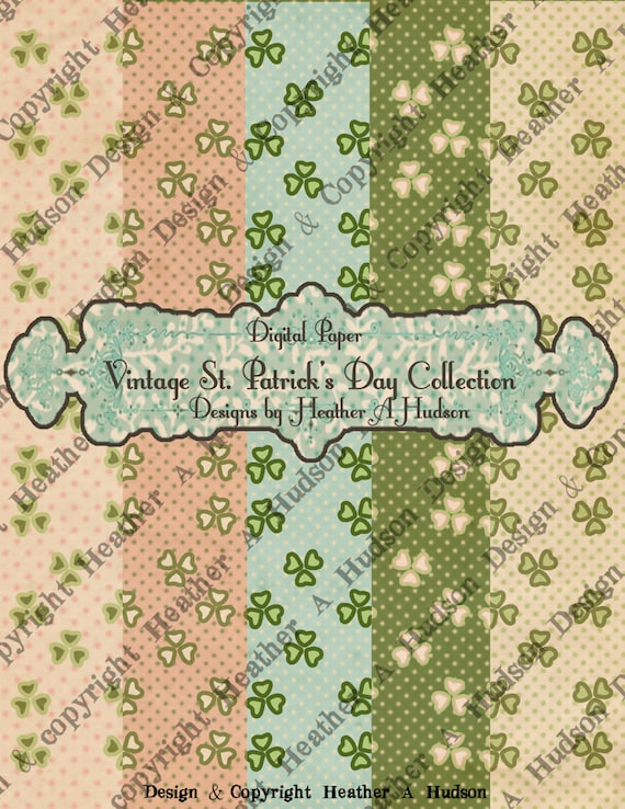 5 Victorian Vintage Whimsical Shamrock Shabby Cream Spring Green St Patrick's Day Digital Paper Pack Collection Collage Printable