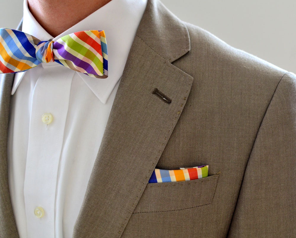 Bow Tie and Pocket Square Set in Bright Plaid wedding