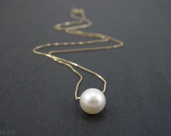 Single pearl gold necklace, Pearl gold necklace, Floating pearl on gold necklace, Freshwater pearl on solid gold chain, Round Pearl necklace