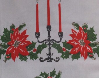 Vintage Christmas Candles Candelabra Red Poinsettias Holly Tablecloth