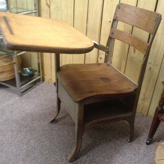 Vintage Childs School Desk Wood w/ Metal Book Holder