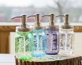 Mason Jar Soap Dispenser. Vintage Purple. Vintage Blue. Vintage Green. Clear Ball Soap Dispenser. Home Decor. Rustic Home Decor. Bathroom.