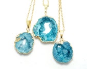 Natural Ocean Blue Gold Edged Druzy Slice Necklace - Raw Crystal Druzy Necklace - Blue Druzy Necklace - Wedding Jewelry Idea - Gift Idea