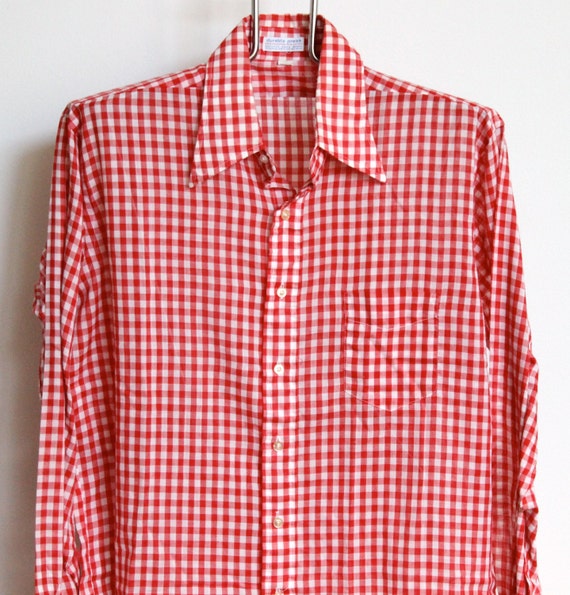 Vintage Red White Gingham Plaid Shirt Mens Large / Extra Large